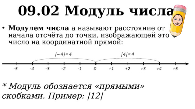 09.02 Модуль числа Модулем числа а называют расстояние от начала отсчёта до точки, изображающей это число на координатной прямой: * Модуль обознается «прямыми» скобками. Пример: |12| 