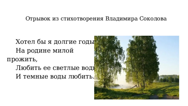 Отрывок из стихотворения Владимира Соколова  Хотел бы я долгие годы  На родине милой прожить,  Любить ее светлые воды  И темные воды любить. 