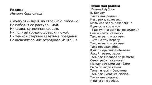 Тихая моя родина  Николай Рубцов  В. Белову  Тихая моя родина!  Ивы, река, соловьи...  Мать моя здесь похоронена  В детские годы мои.  - Где тут погост? Вы не видели?  Сам я найти не могу.-  Тихо ответили жители:  - Это на том берегу.  Тихо ответили жители,  Тихо проехал обоз.  Купол церковной обители  Яркой травою зарос.  Там, где я плавал за рыбами,  Сено гребут в сеновал:  Между речными изгибами  Вырыли люди канал.  Тина теперь и болотина  Там, где купаться любил...  Тихая моя родина,  Я ничего не забыл.    Родина  Михаил Лермонтов   Люблю отчизну я, но странною любовью!  Не победит ее рассудок мой.  Ни слава, купленная кровью,  Ни полный гордого доверия покой,  Ни темной старины заветные преданья  Не шевелят во мне отрадного мечтанья.    