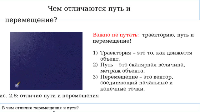  Чем отличаются путь и перемещение ?  Важно не путать: траекторию, путь и перемещение! Траектория – это то, как движется объект. Путь – это скалярная величина, метраж объекта. Перемещение – это вектор, соединяющий начальные и конечные точки. Рис. 2.8: отличие пути и перемещения В чем отличие перемещения и пути? 9    