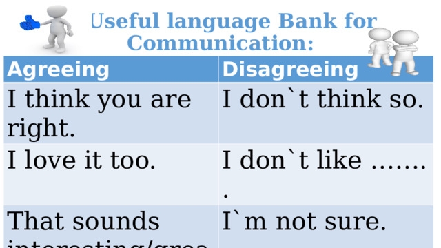 A Useful language Bank for Communication: Agreeing Disagreeing I think you are right. I don`t think so. I love it too. I don`t like ……. . That sounds interesting/great. I`m not sure. Healthy breakfast 