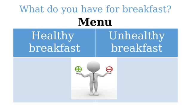 What do you have for breakfast? Menu Healthy breakfast Unhealthy breakfast 