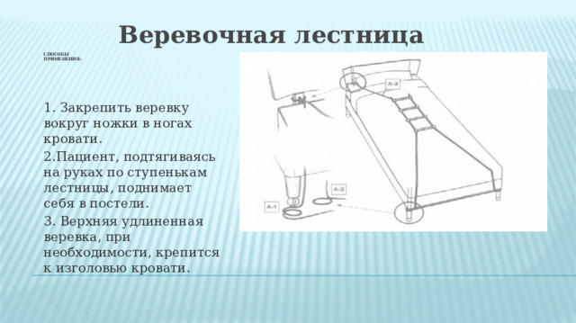 Веревочная лестница   Способы  Применения: 1. Закрепить веревку вокруг ножки в ногах кровати. 2.Пациент, подтягиваясь на руках по ступенькам лестницы, поднимает себя в постели. 3. Верхняя удлиненная веревка, при необходимости, крепится к изголовью кровати. 