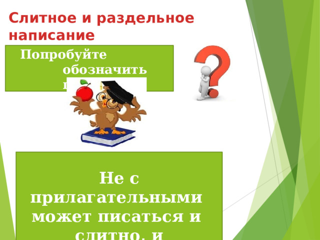 Слитное и раздельное написание  не с именами прилагательными Попробуйте  обозначить гипотезу Не с  прилагательными может писаться и слитно, и  раздельно 