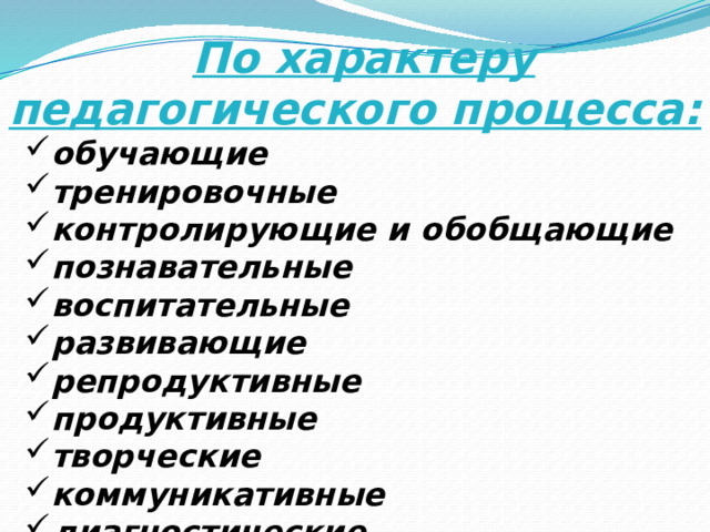 По характеру педагогического процесса: обучающие тренировочные контролирующие и обобщающие познавательные воспитательные развивающие репродуктивные продуктивные творческие коммуникативные диагностические 