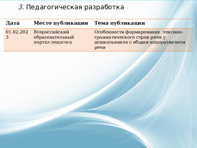 3 . Педагогическая разработка Дата Место публикации 01.02.2023 Тема публикации Всероссийский образовательный портал педагога Особенности формирования лексико-грамматического строя речи у дошкольников с общим недоразвитием речи 