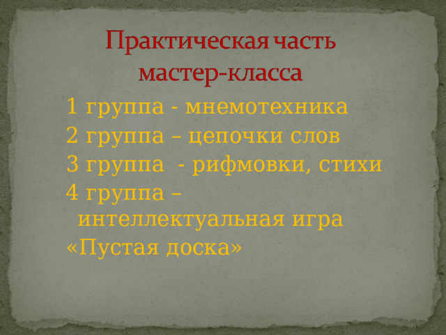 1 группа - мнемотехника 2 группа – цепочки слов 3 группа - рифмовки, стихи 4 группа – интеллектуальная игра «Пустая доска» 