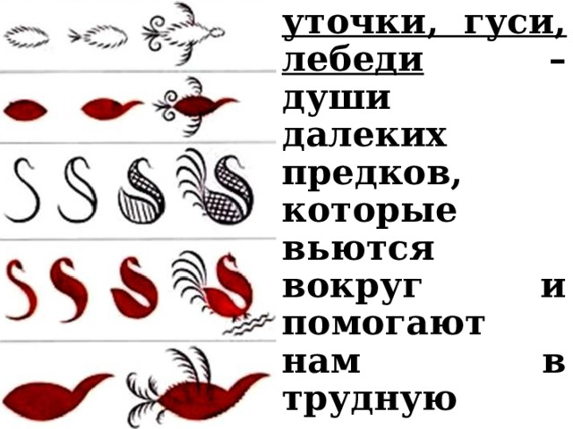 уточки, гуси, лебеди – души далеких предков, которые вьются вокруг и помогают нам в трудную минуту; 