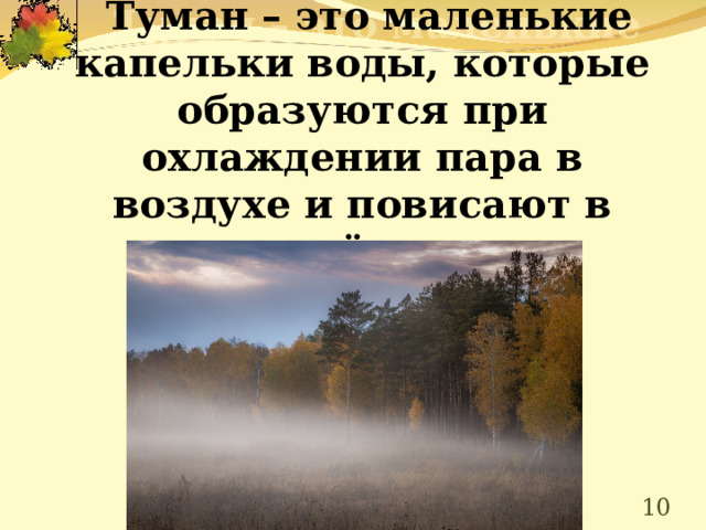  Туман – это маленькие капельки воды, которые образуются при охлаждении пара в воздухе и повисают в нём.       