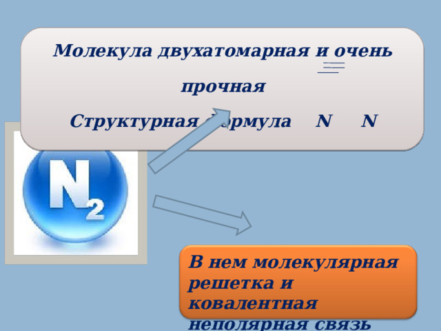 Молекула двухатомарная и очень прочная Структурная формула N  N В нем молекулярная решетка и ковалентная неполярная связь 