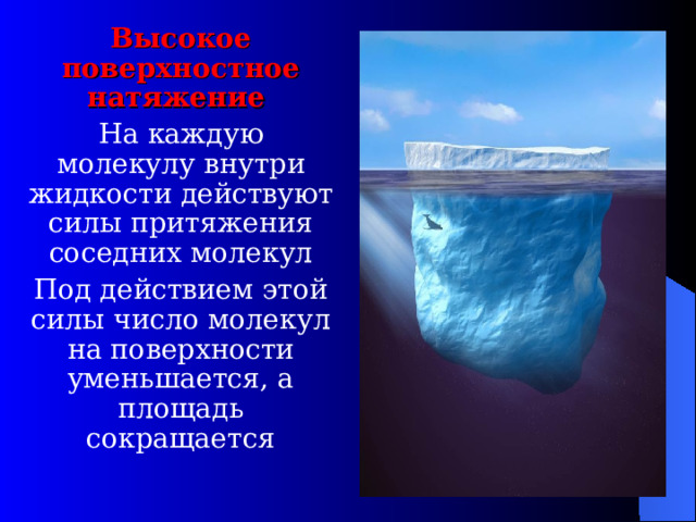 Высокое поверхностное натяжение На каждую молекулу внутри жидкости действуют силы притяжения соседних молекул Под действием этой силы число молекул на поверхности уменьшается, а площадь сокращается 