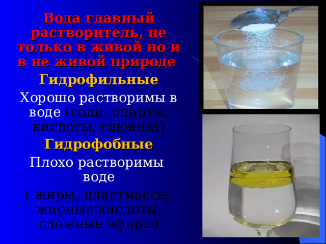 Вода главный растворитель, не только в живой но и в не живой природе Гидрофильные Хорошо растворимы в воде (соли, спирты, кислоты, глюкоза) Гидрофобные Плохо растворимы воде ( жиры, пластмассы, жирные кислоты, сложные эфиры) 