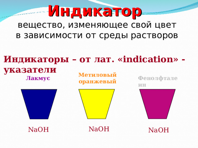 Индикатор  вещество, изменяющее свой цвет в зависимости от среды растворов Индикаторы – от лат. « indication » - указатели Метиловый оранжевый Лакмус  Фенолфталеин NaOH NaOH NaOH 