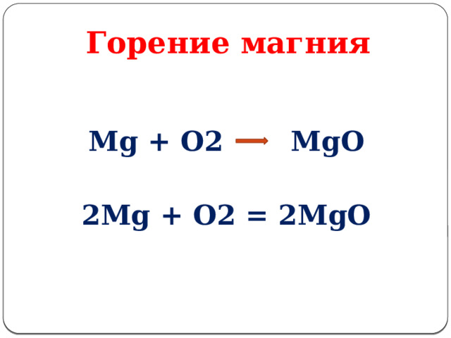 Горение магния  Mg + O2 MgO  2Mg + O2 = 2MgO 