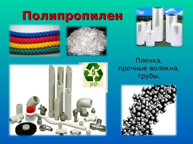 Полипропилен Пленка, прочные волокна, трубы.  