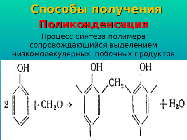 Способы получения Поликонденсация Процесс синтеза полимера сопровождающийся выделением низкомолекулярных побочных продуктов (воды) 