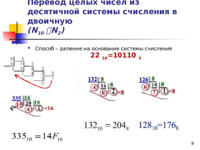 Перевод целых чисел из десятичной системы счисления в двоичную  (N 10   N 2 ) 22 10 =10110 2 Способ – деление на основание системы счисления  