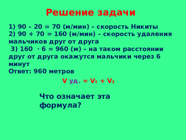 Решение задачи 1) 90 – 20 = 70 (м/мин) – скорость Никиты 2) 90 + 70 = 160 (м/мин) – скорость удаления мальчиков друг от друга  3) 160 · 6 = 960 (м) – на таком расстоянии друг от друга окажутся мальчики через 6 минут Ответ: 960 метров V уд. = V₁ + V₂ Что означает эта формула? 
