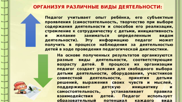 ОРГАНИЗУЯ РАЗЛИЧНЫЕ ВИДЫ ДЕЯТЕЛЬНОСТИ: Педагог учитывает опыт ребёнка, его субъектные проявления (самостоятельность, творчество при выборе содержания деятельности и способов его реализации, стремление к сотрудничеству с детьми, инициативность и желание заниматься определенным видом деятельности). Эту информацию педагог может получить в процессе наблюдения за деятельностью детей в ходе проведения педагогической диагностики. На основе полученных результатов организуются разные виды деятельности, соответствующие возрасту детей. В процессе их организации педагог создает условия для свободного выбора детьми деятельности, оборудования, участников совместной деятельности, принятия детьми решений, выражения своих чувств и мыслей, поддерживает детскую инициативу и самостоятельность, устанавливает правила взаимодействия детей. Педагог использует образовательный потенциал каждого вида деятельности для решения задач воспитания, обучения и развития детей. 