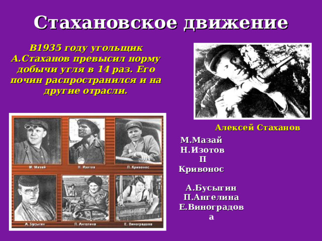 Стахановское движение В1935 году угольщик А.Стаханов превысил норму добычи угля в 14 раз. Его почин распространился и на другие отрасли. Алексей Стаханов М.Мазай  Н.Изотов  П Кривонос А.Бусыгин  П.Ангелина Е.Виноградова 
