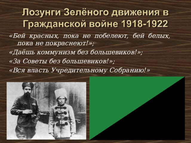 «Бей красных, пока не побелеют, бей белых, пока не покраснеют!»; «Даёшь коммунизм без большевиков!»; «За Советы без большевиков!»; «Вся власть Учредительному Собранию!» 