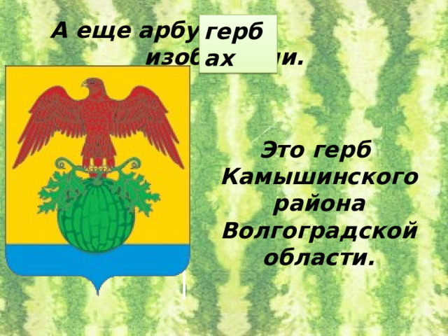 А еще арбуз на изобразили. гербах Это герб Камышинского района Волгоградской области. 