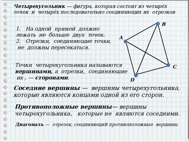 Четырехугольник  — фигура, которая состоит из четырёх точек и четырёх последовательно соединяющих их отрезков В 1.  На одной прямой должно лежать не больше двух точек. 2.  Отрезки, соединяющие точки, не должны пересекаться. А Точки четырехугольника называются  вершинами, а отрезки, соединяющие их , —  сторонами . С D Соседние вершины — вершины четырехугольника, которые являются концами одной из его сторон. Противоположные вершины — вершины четырехугольника, которые не являются соседними. Диагональ  — отрезок, соединяющий противоположные вершины. 