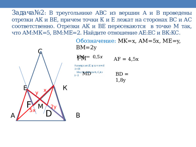 Задача№2 : В треугольнике АВС из вершин А и В проведены отрезки АК и ВЕ, причем точки К и Е лежат на сторонах ВС и АС соответственно. Отрезки АК и ВЕ пересекаются в точке М так, что АМ:МК=5, ВМ:МЕ=2. Найдите отношение АЕ:ЕС и ВК:КС. Обозначение: MK=x, AM=5x, ME=y, BM=2y  С  Е К  М А В    FM  AF = 4,5x   MD BD = 1,8y x y F 2y 5x D 