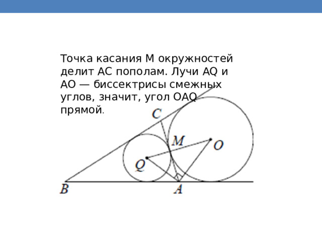 Точка касания M окружностей делит AC пополам. Лучи AQ и AO — биссектрисы смежных углов, значит, угол OAQ прямой . 