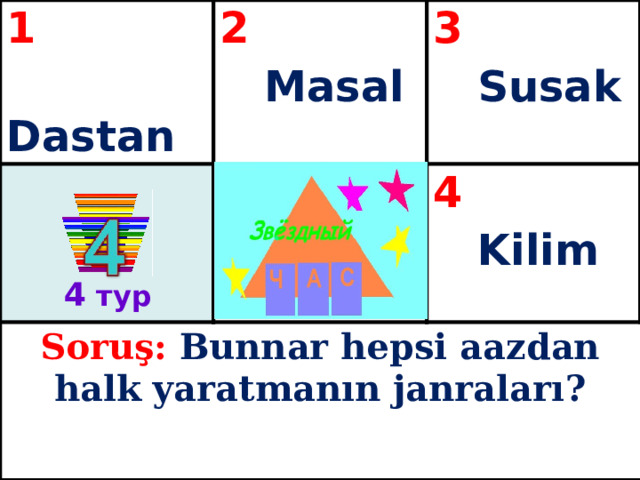 1  Dastan  2  Masal  3 Soruş: Bunnar hepsi aazdan halk yaratmanın janraları?  Susak 4   Kilim 4 тур 