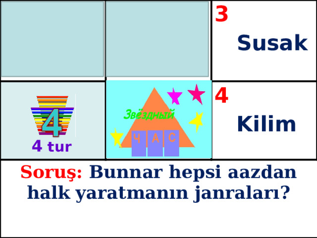 1 2  Dastan  Masal 3 Soruş: Bunnar hepsi aazdan halk yaratmanın janraları?  4  Susak   Kilim 4 tur 