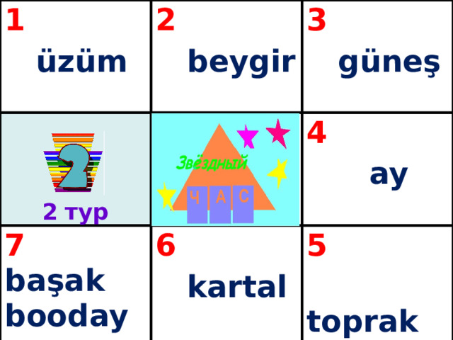 1  üzüm  2  beygir  3 7 başak booday 4  güneş  6  ay  kartal 5  toprak 2  тур 