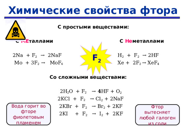 Химические свойства фтора   С простыми веществами:    С МЕ таллами С Не металлами   2Na + F 2 → 2NaF    H 2 + F 2   → 2HF   Mo + 3F 2  → MoF 6     Xe + 2F 2  → XeF 4      Со сложными веществами:   2 H 2 O  + F 2  → 4 HF + O 2    2 KCl + F 2 →  Cl 2 + 2Na F    2KBr  + F 2   → Br 2 + 2К F   2KI  + F 2  →  I 2  +  2К F    F 2 Вода горит во фторе фиолетовым пламенем Фтор вытесняет любой галоген из соли 28 