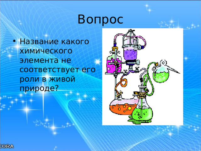 Вопрос Название какого химического элемента не соответствует его роли в живой природе? 