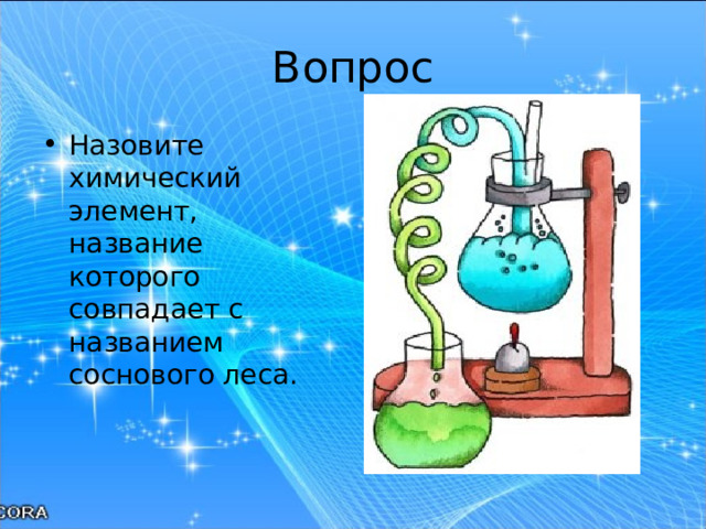 Вопрос Назовите химический элемент, название которого совпадает с названием соснового леса.  