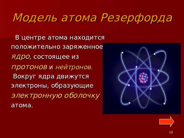 Центре атома находится заряженное ядро