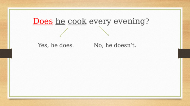 Does  he  cook every evening ? Yes, he does. No, he doesn’t . 
