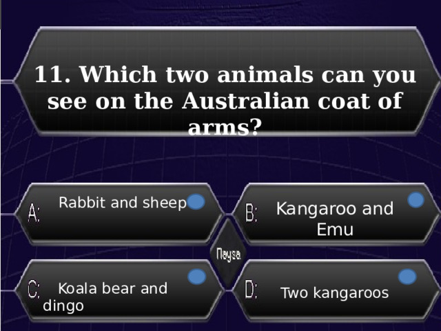 11. Which two animals can you see on the Australian coat of arms?  Rabbit and sheep  Kangaroo and Emu  Koala bear and dingo Two kangaroos 