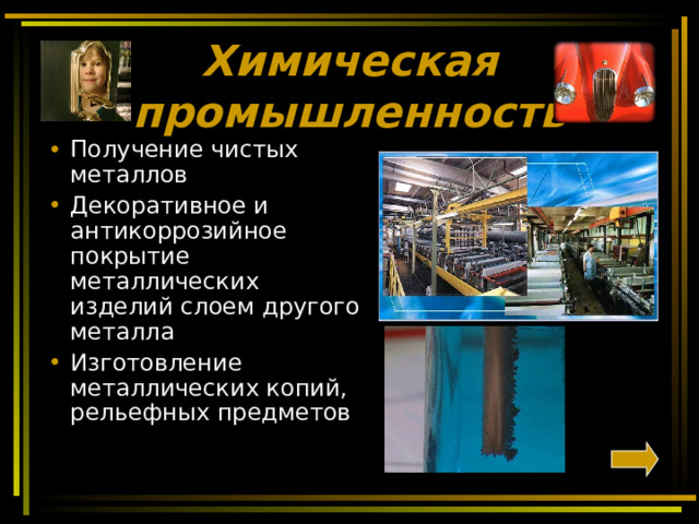 Химическая промышленность Получение чистых металлов Декоративное и антикоррозийное покрытие металлических изделий слоем другого металла Изготовление металлических копий, рельефных предметов 