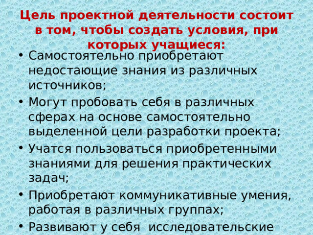 Цель проектной деятельности состоит в том, чтобы создать условия, при которых учащиеся: Самостоятельно приобретают недостающие знания из различных источников; Могут пробовать себя в различных сферах на основе самостоятельно выделенной цели разработки проекта; Учатся пользоваться приобретенными знаниями для решения практических задач; Приобретают коммуникативные умения, работая в различных группах; Развивают у себя  исследовательские умения. 11 