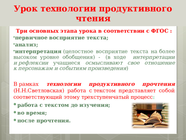Урок технологии продуктивного чтения Три основных этапа урока в соответствии с ФГОС : первичное восприятие текста; анализ; интерпретация  (целостное восприятие текста на более высоком уровне обобщения) -   (в ходе интерпретации и рефлексии учащиеся осмысливают свое отношение к персонажам и событиям произведения ) В рамках технологии продуктивного прочтения (Н.Н.Светловская) работа с текстом представляет собой соответствующий этому трехступенчатый процесс : работа с текстом до изучения; во время; после прочтения.   