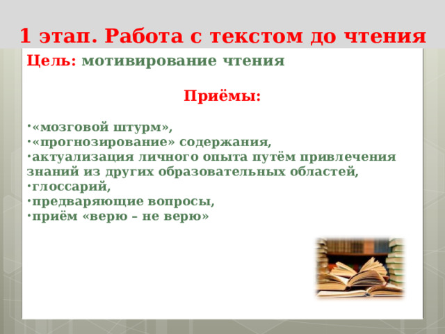 1 этап. Работа с текстом до чтения Цель:  мотивирование чтения  Приёмы:  «мозговой штурм», «прогнозирование» содержания, актуализация личного опыта путём привлечения знаний из других образовательных областей, глоссарий, предваряющие вопросы, приём «верю – не верю » 