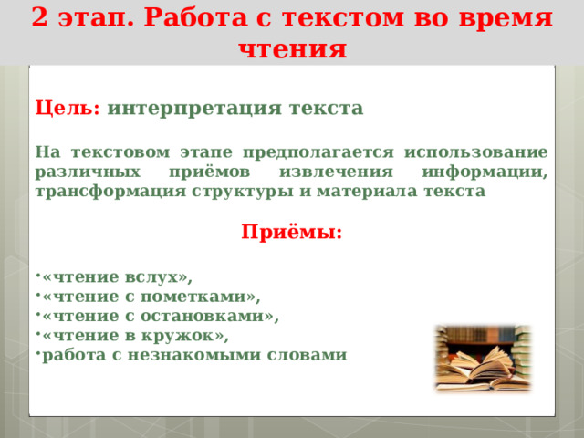 2 этап. Работа с текстом во время чтения  Цель:  интерпретация текста  На текстовом этапе предполагается использование различных приёмов извлечения информации, трансформация структуры и материала текста  Приёмы:  «чтение вслух», «чтение с пометками», «чтение с остановками», «чтение в кружок», работа с незнакомыми словами  