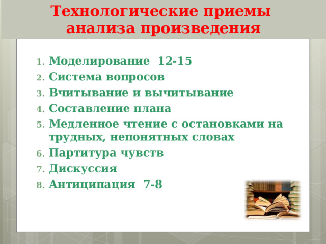   Технологические приемы  анализа произведения     Моделирование 12-15 Система вопросов Вчитывание и вычитывание Составление плана Медленное чтение с остановками на трудных, непонятных словах Партитура чувств Дискуссия Антиципация 7-8 