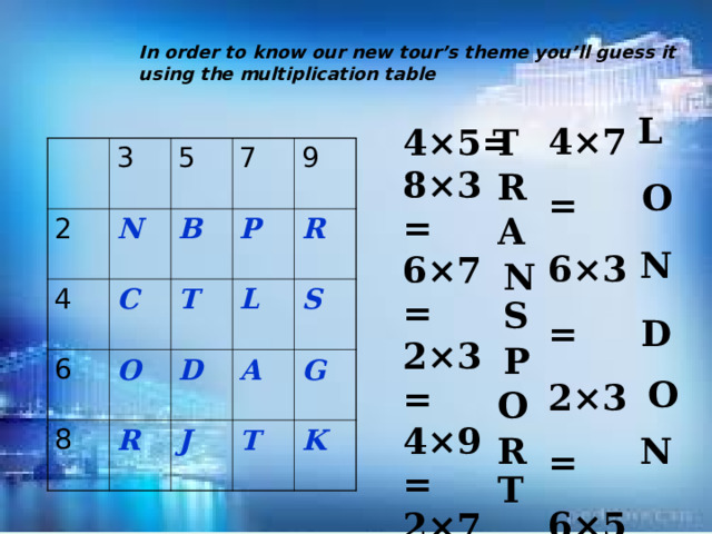In order to know our new tour’s theme you’ll guess it using the multiplication table  4×7= 6×3 = 2×3 = 6×5 = 6×3 = 2×3 = L 4×5= 8×3 = 6×7 = 2×3 = 4×9 = 2×7 = 6×3 = 2×9 = 8×7 = T 3 2 N 5 4 C 7 B 6 9 8 P T O R L R D J A S T G K R O A N N S D P O O R N T 