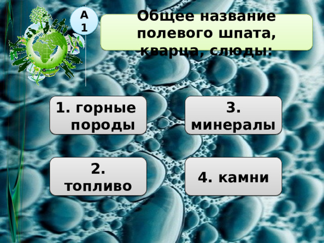 А1 Общее название полевого шпата, кварца, слюды: 1. горные породы 3. минералы 2. топливо 4. камни 