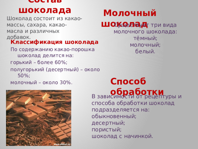 Состав шоколада    Молочный шоколад Шоколад состоит из какао-массы, сахара, какао-масла и различных добавок. Существует три вида молочного шоколада: тёмный; молочный; белый. Классификация шоколада По содержанию какао-порошка шоколад делится на: горький – более 60%; полугорький (десертный) – около 50%; молочный – около 30%. Способ обработки В зависимости от рецептуры и способа обработки шоколад подразделяется на: обыкновенный; десертный; пористый; шоколад с начинкой. 