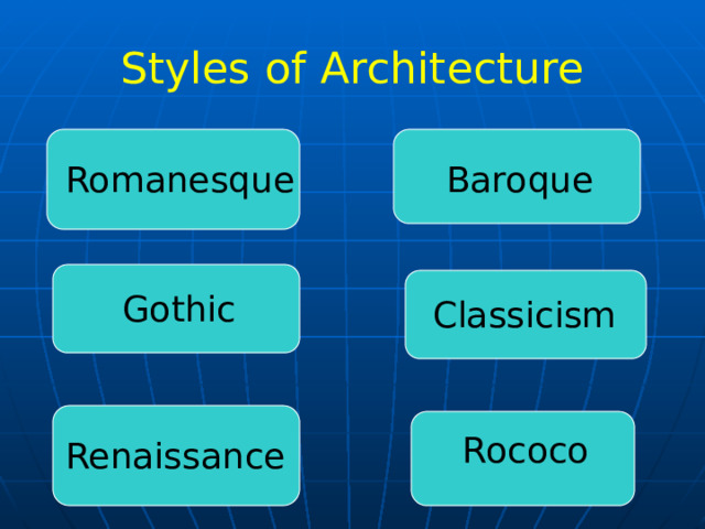 Styles of Architecture Romanesque Baroque Gothic Classicism Rococo Renaissance 