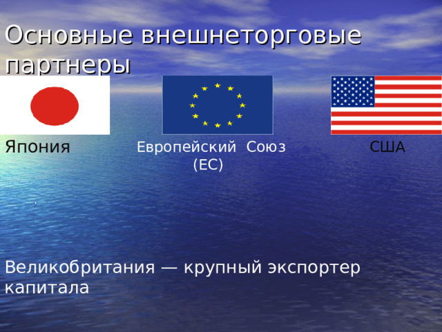 Основные внешнеторговые партнеры Япония Европейский Союз  (ЕС) США . Великобритания — крупный экспортер капитала  
