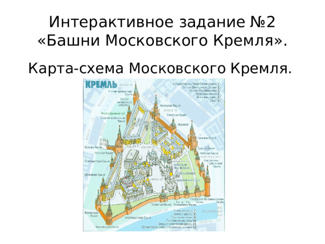 Интерактивное задание №2 «Башни Московского Кремля». Карта-схема Московского Кремля. 